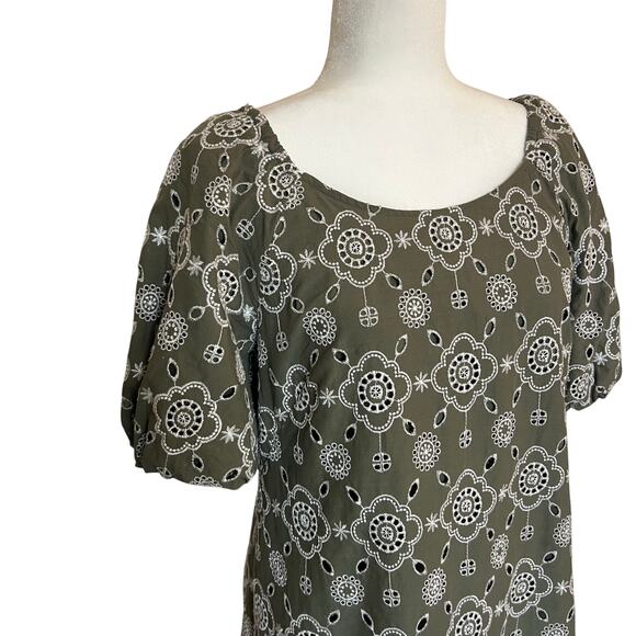 Talbots Green Embroidered Puff Sleeve Dress Size 10 Boho‎ Eyelet Floral Shift - Picture 3 of 9